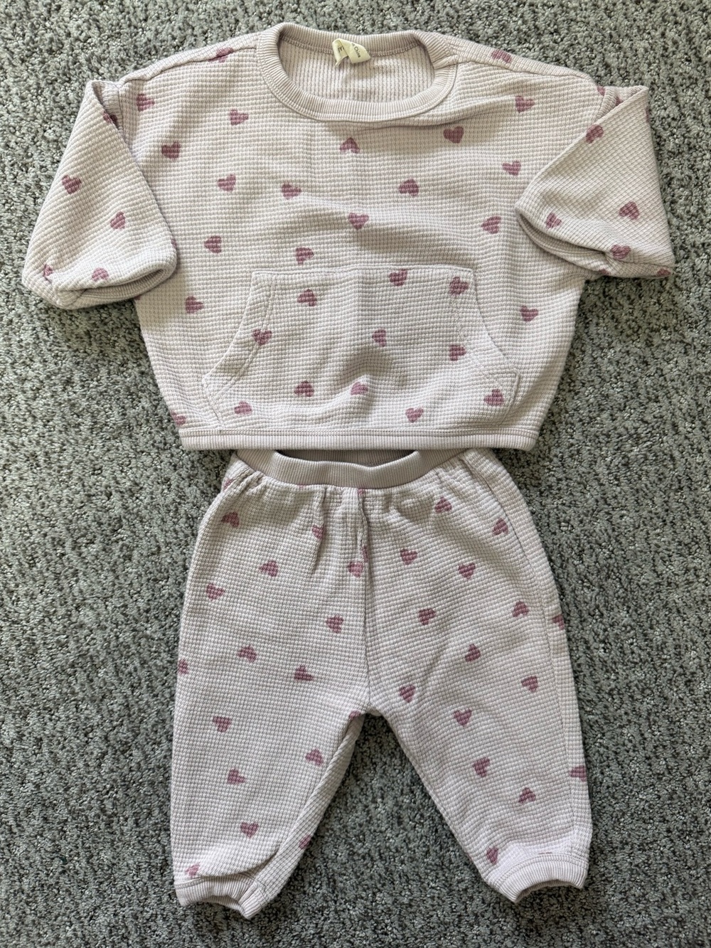 Quincy Mae Cream Waffle Knit set with Pink Hearts